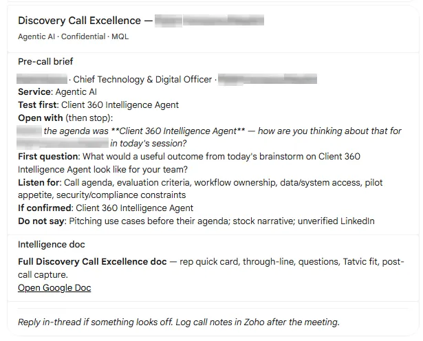 Thirty minutes before a call: the rep's brief