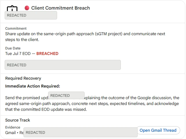 Real Viti commitment breach card showing a client update due Tuesday end of day marked breached, with the required recovery spelled out and names redacted