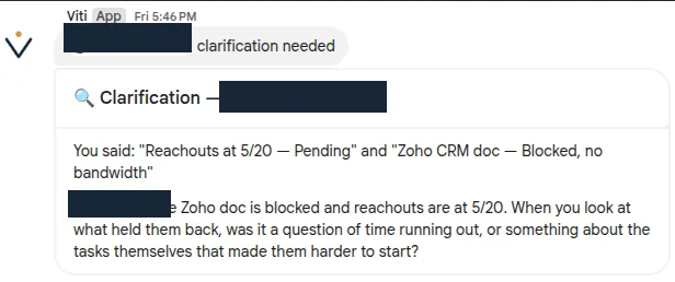 Real Viti clarification in Google Chat asking a team member whether blocked tasks were a question of time or of the tasks themselves, name redacted