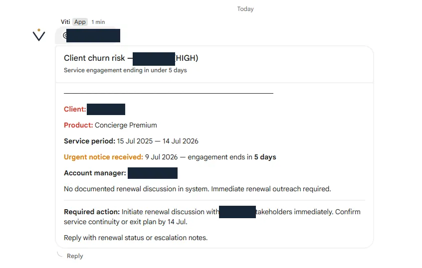 Real Viti churn-risk alert showing a service engagement ending in five days with no documented renewal discussion, client and account manager names covered by solid redaction blocks